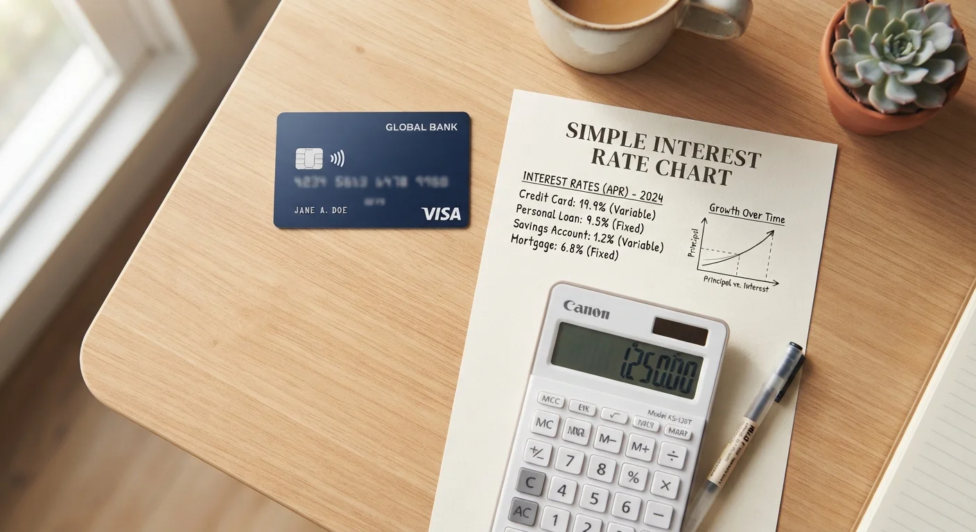 A credit card, interest rate chart, and calculator arranged on a light wooden desk