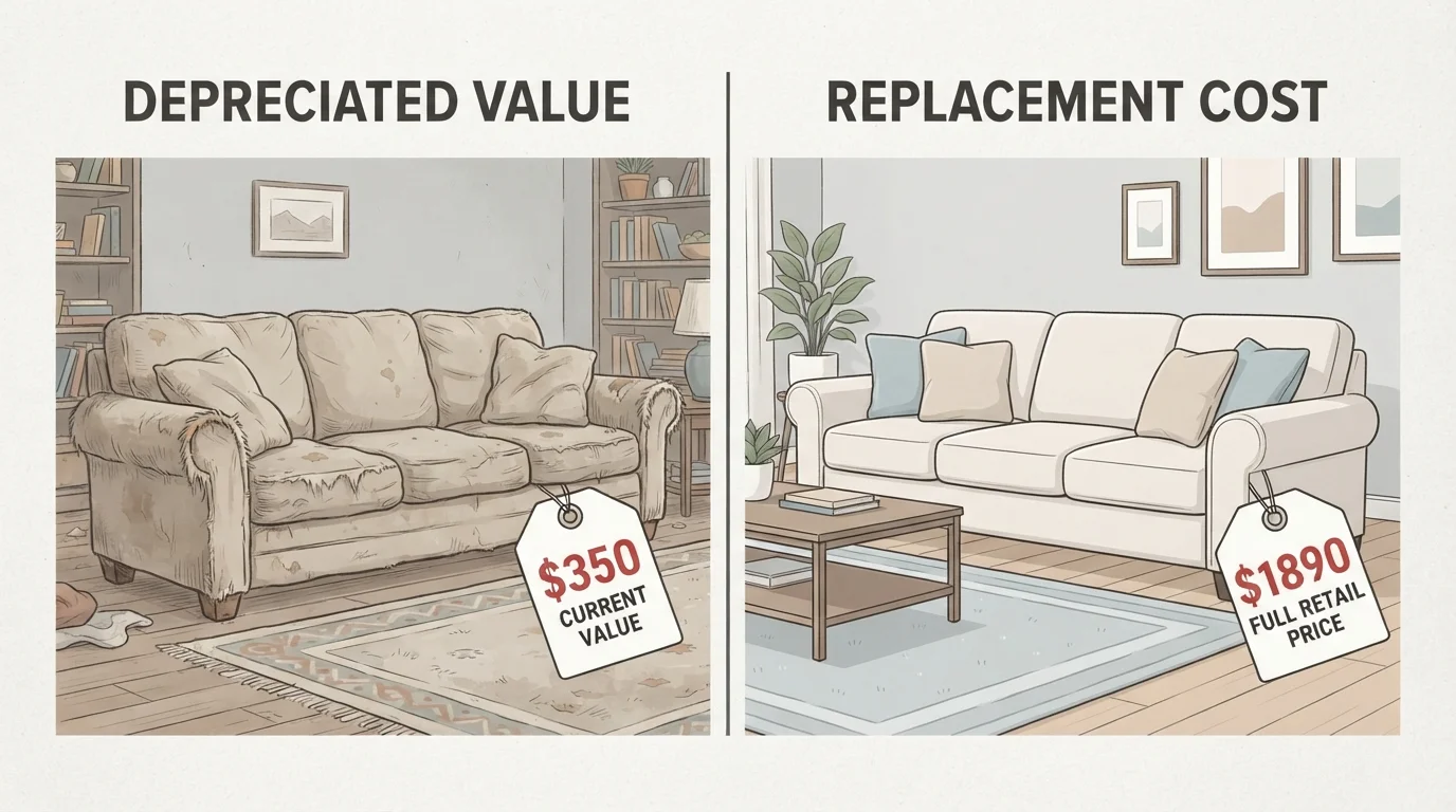 Side-by-side comparison of a worn couch with depreciated value versus a new replacement couch at full cost