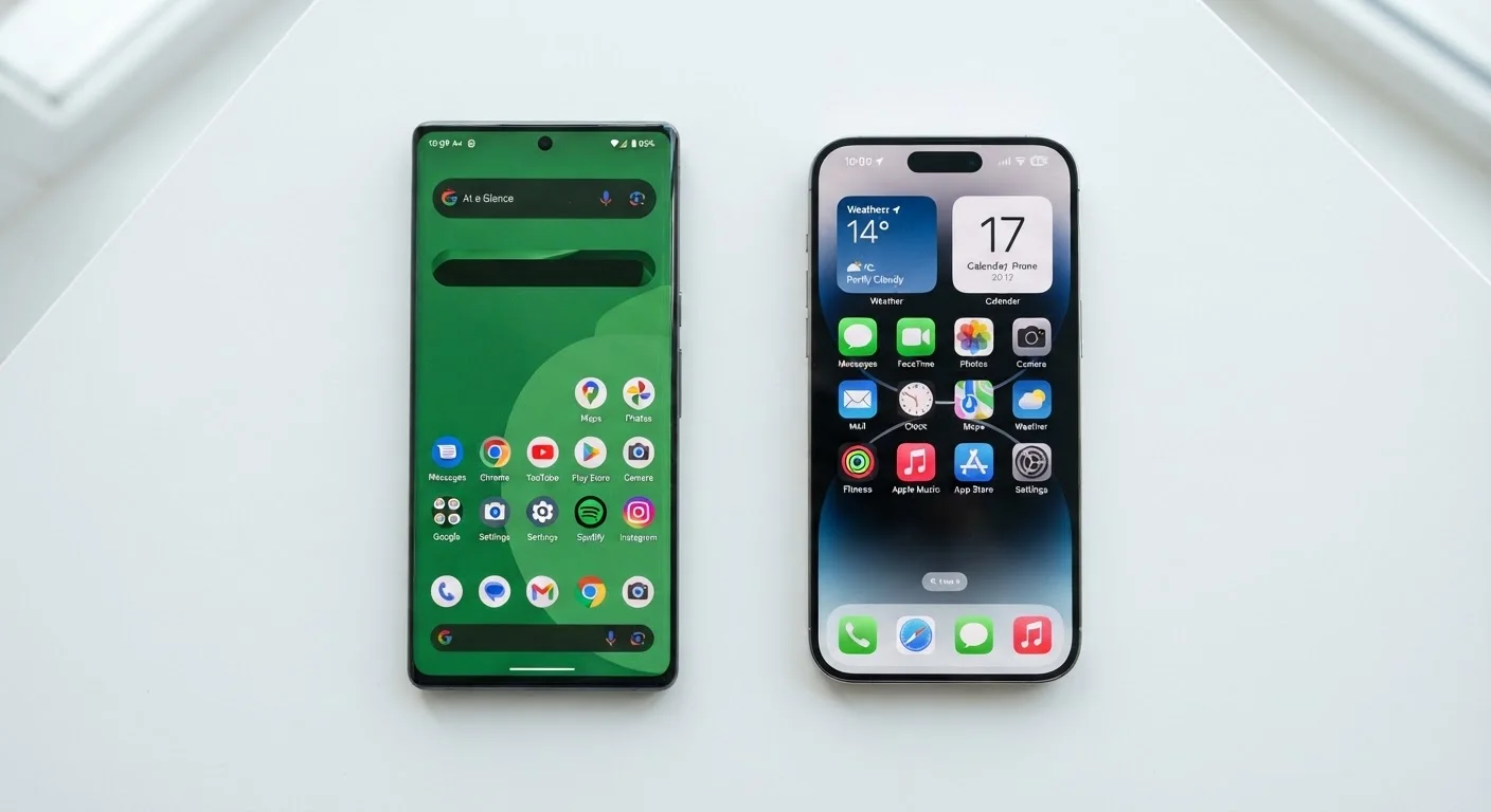 Two smartphones placed side by side showing Android and iOS home screens respectively