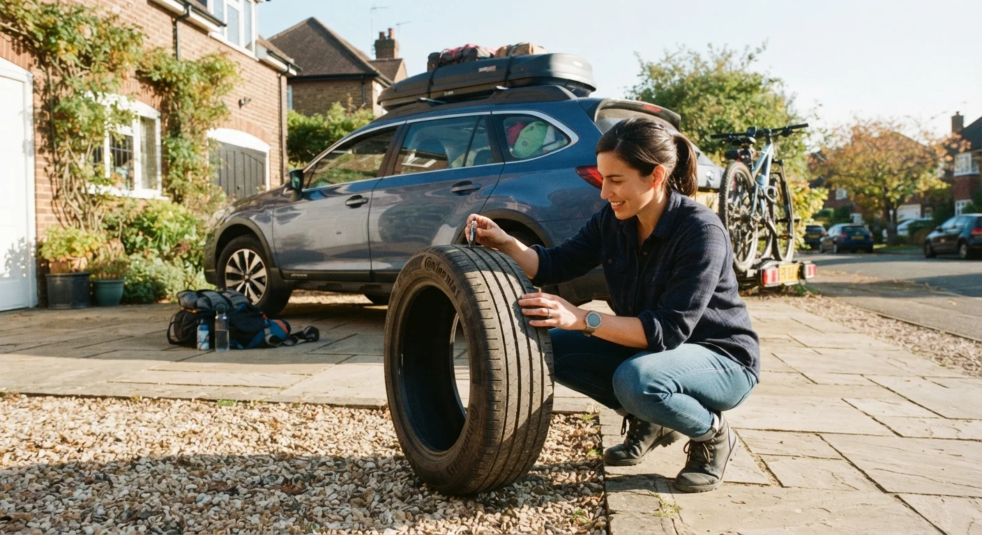 Driver kneeling beside a car tire in a driveway to inspect tread before a road trip