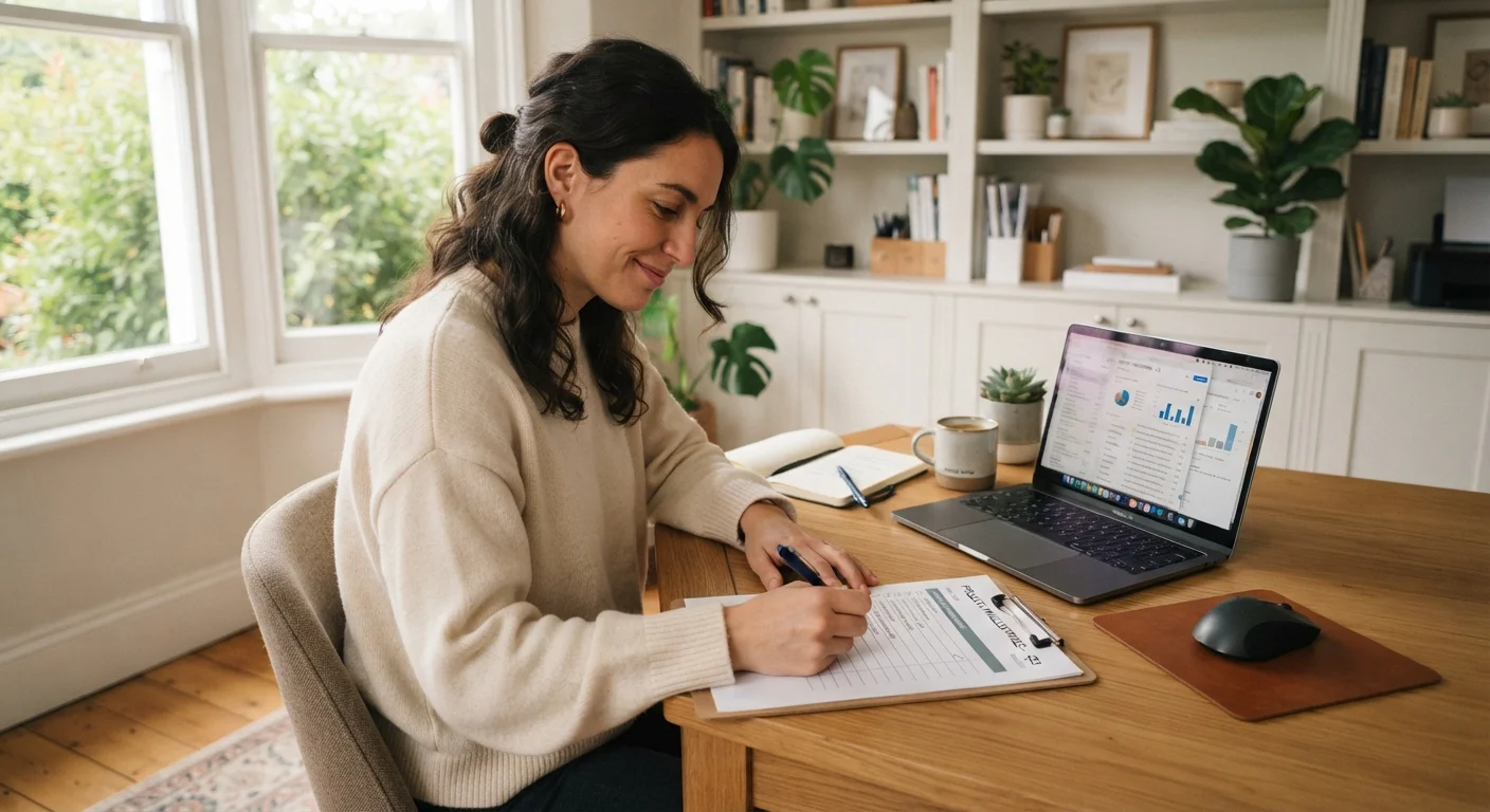 Person reviewing a pre-purchase checklist at a tidy desk before making a major buying decision