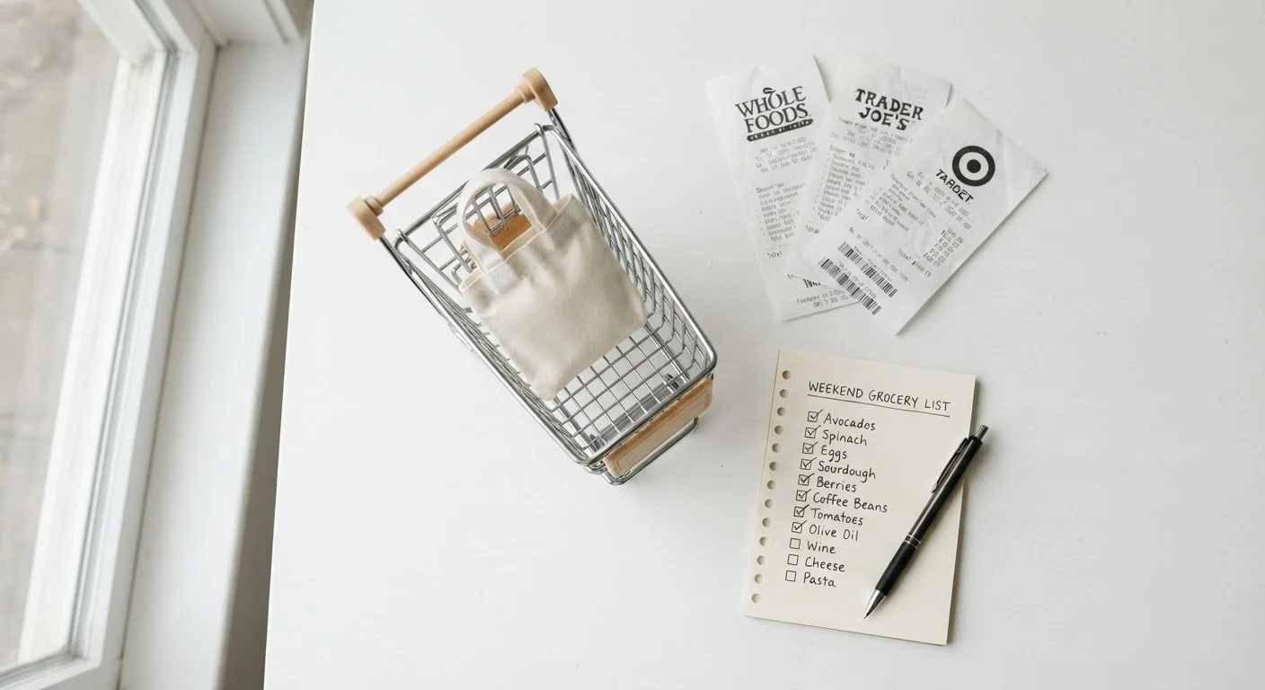 Overhead view of shopping cart, receipts, checklist notepad, and pen arranged on white surface