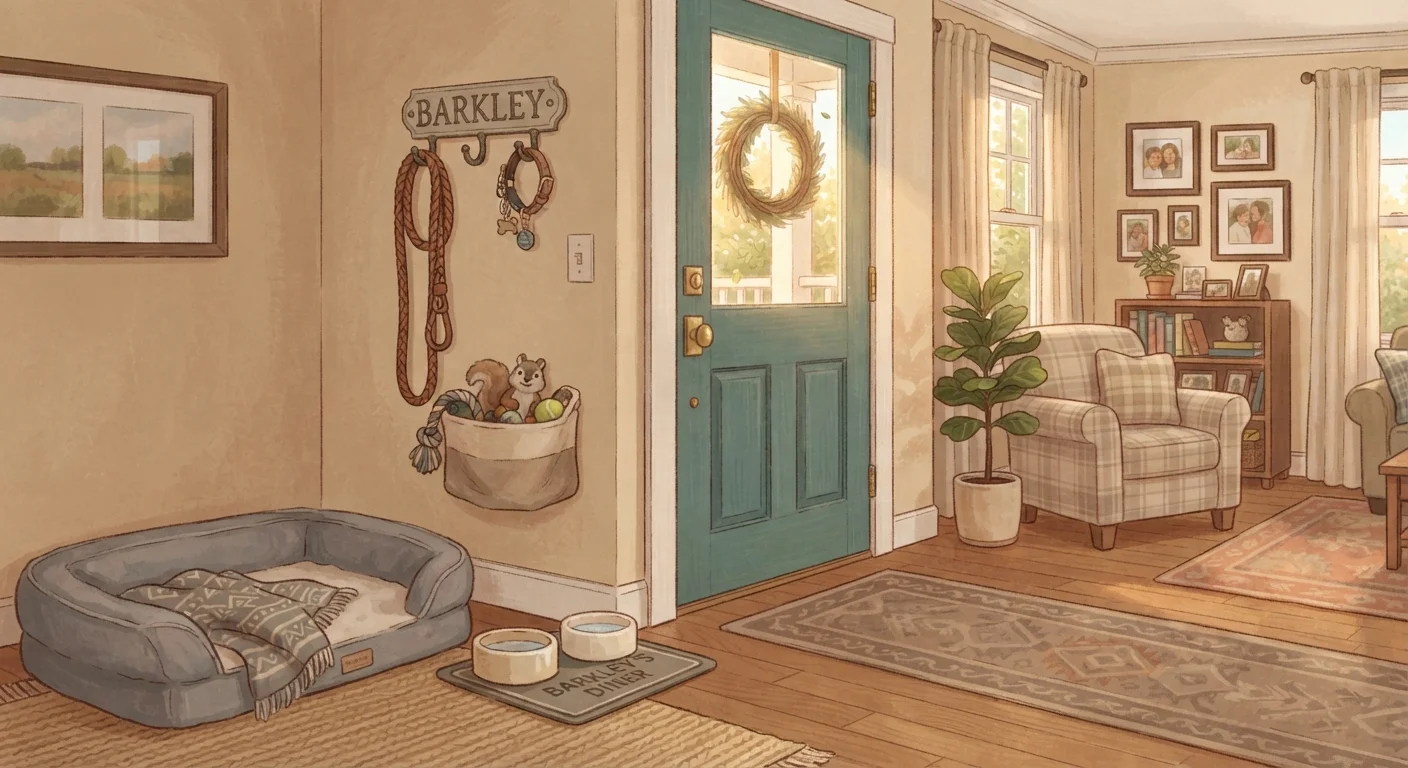 A prepared dog owner's living room with a dog bed, leash, food bowl, and toys set out before a new dog arrives