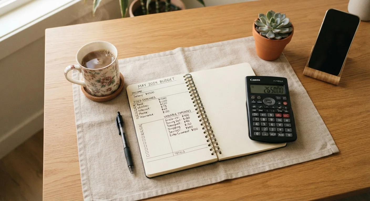 Open budget notebook with handwritten categories, calculator, and coffee cup on a desk.