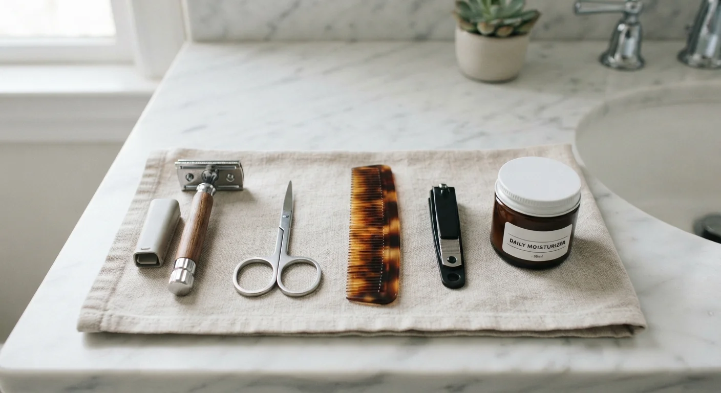 Flat-lay of essential personal grooming tools neatly arranged on a white surface.