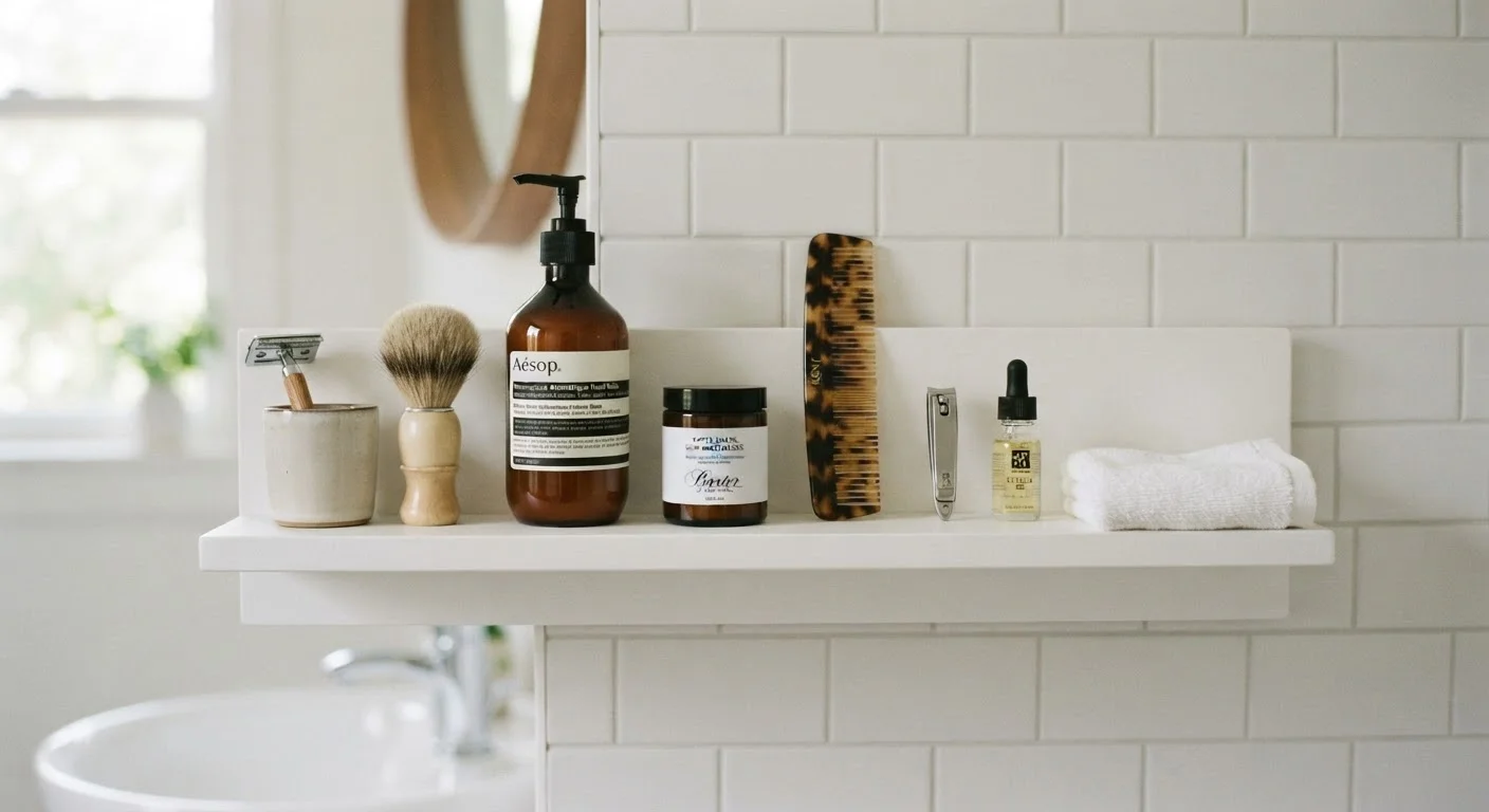 A curated set of grooming tools arranged neatly on a clean bathroom shelf