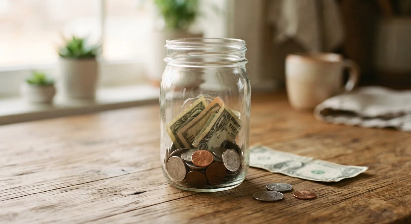 A glass jar filled with coins and dollar bills sitting on a wooden table, representing a growing emergency fund