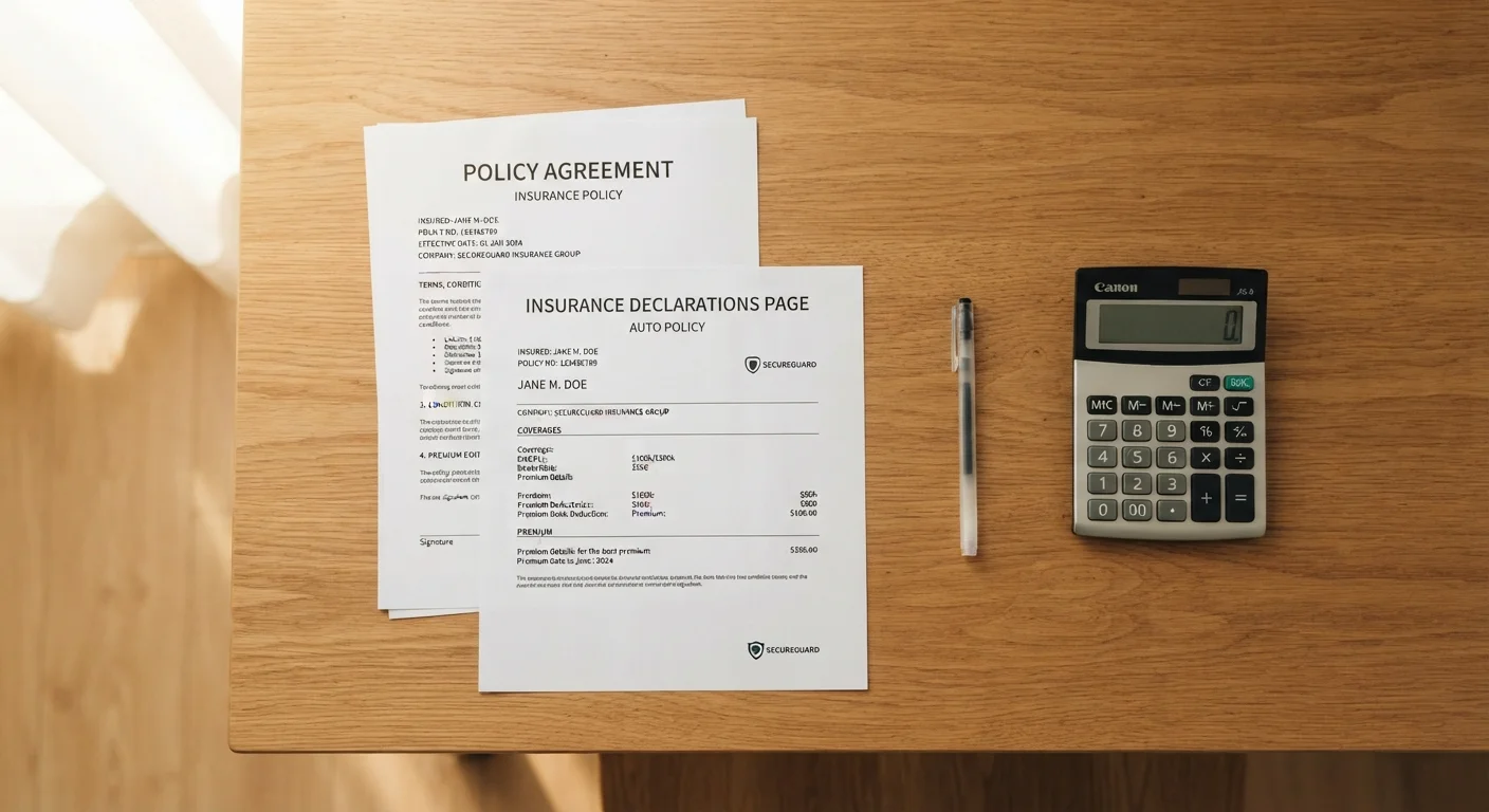 Two insurance policy documents laid side by side on a wooden desk with a pen and calculator