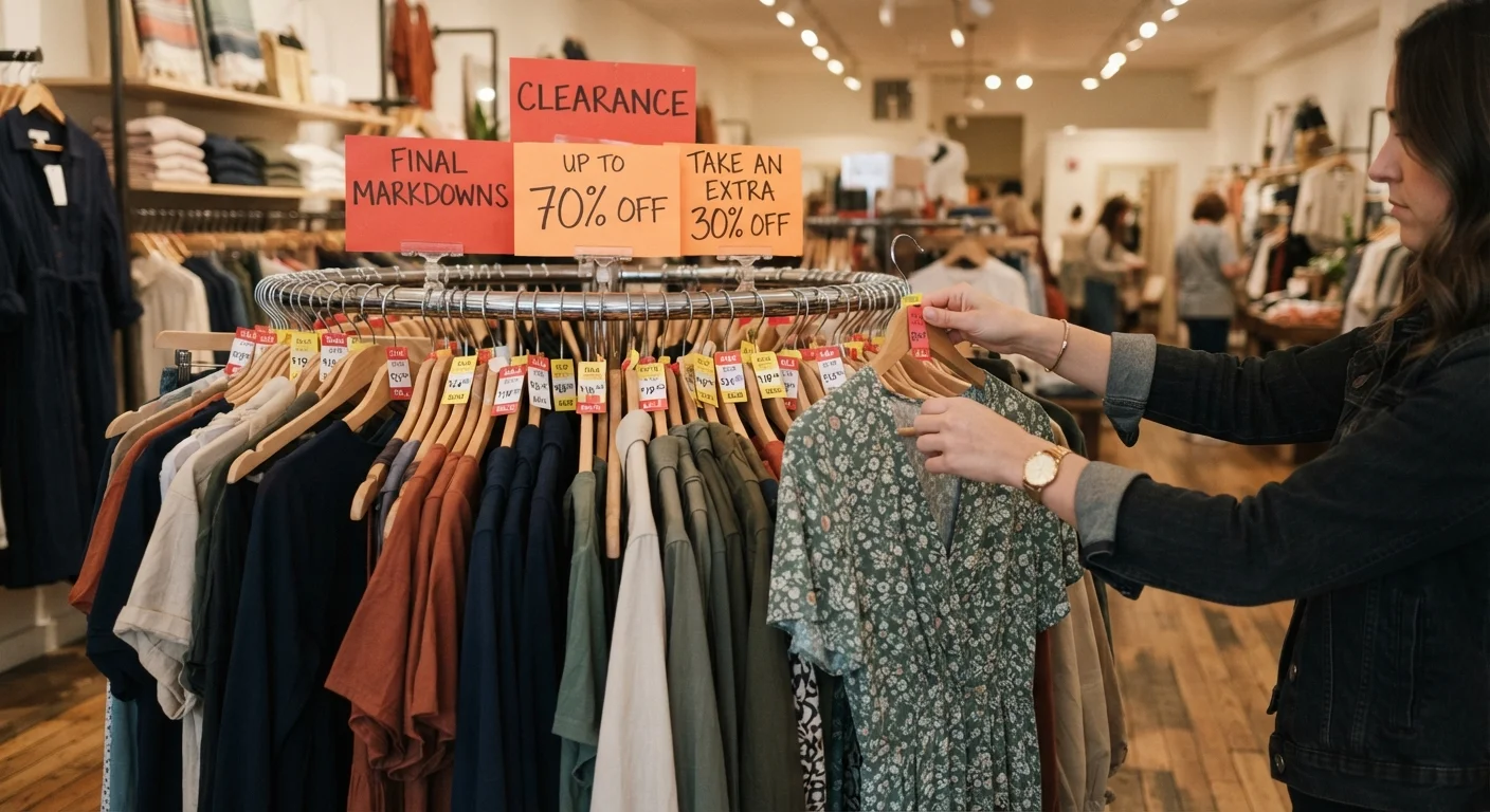 Shopper browsing a clearance rack with discounted price tags in a retail store