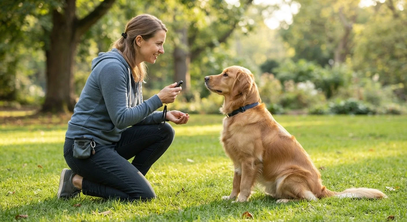 A person using a clicker to train an attentive dog sitting on grass outdoors