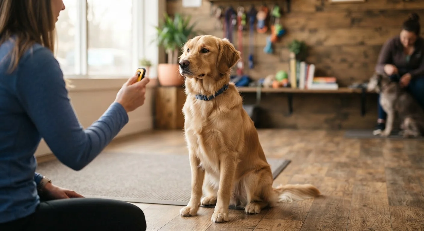 A dog sitting attentively while a trainer holds a clicker during a training session