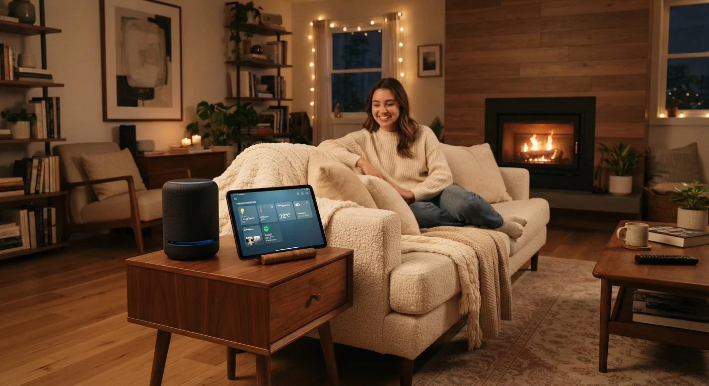A bright living room with a smart speaker, tablet home control interface, and warm ambient lighting