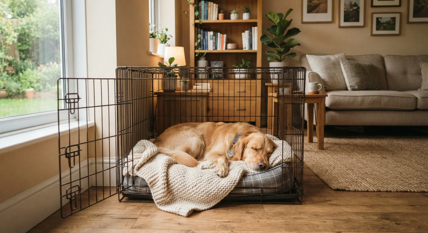 A relaxed dog lying on a cozy blanket inside an open wire crate at home