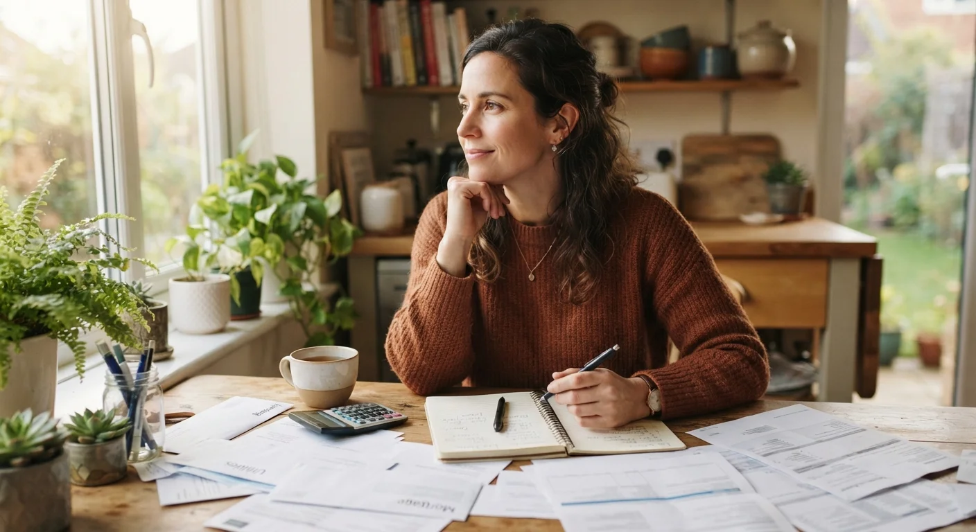 Person reviewing financial documents at a kitchen table with a thoughtful, focused expression