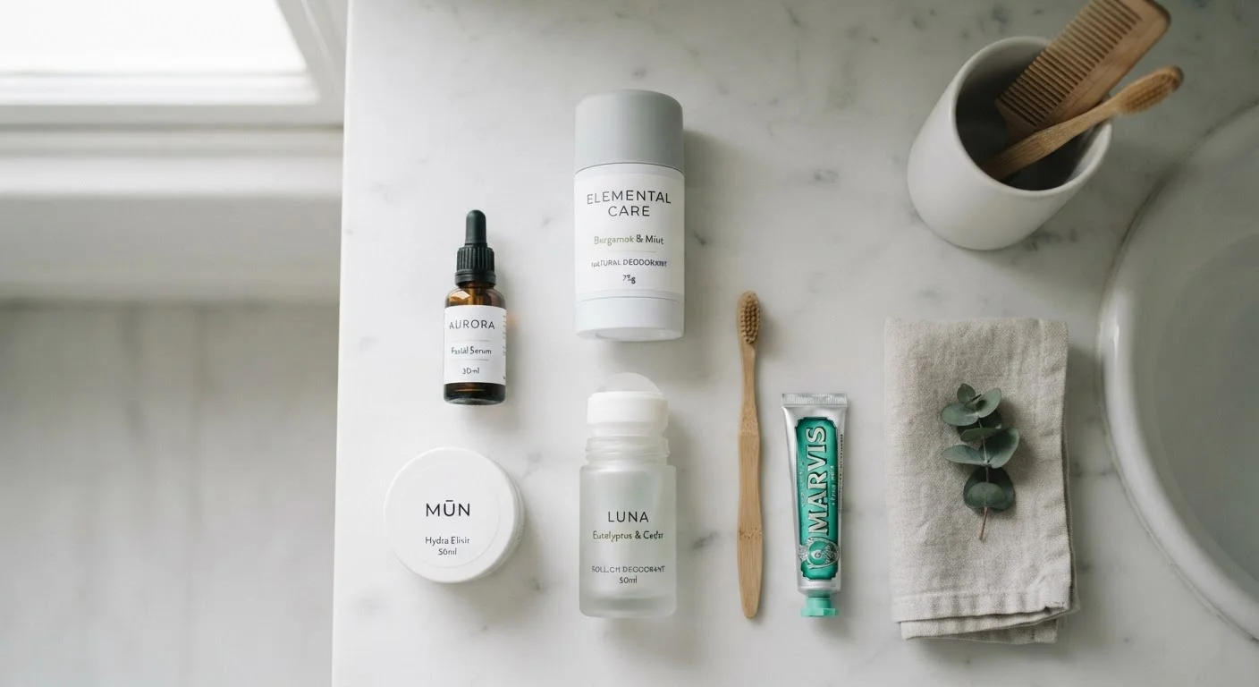 Deodorant and antiperspirant products arranged side by side on a white bathroom shelf