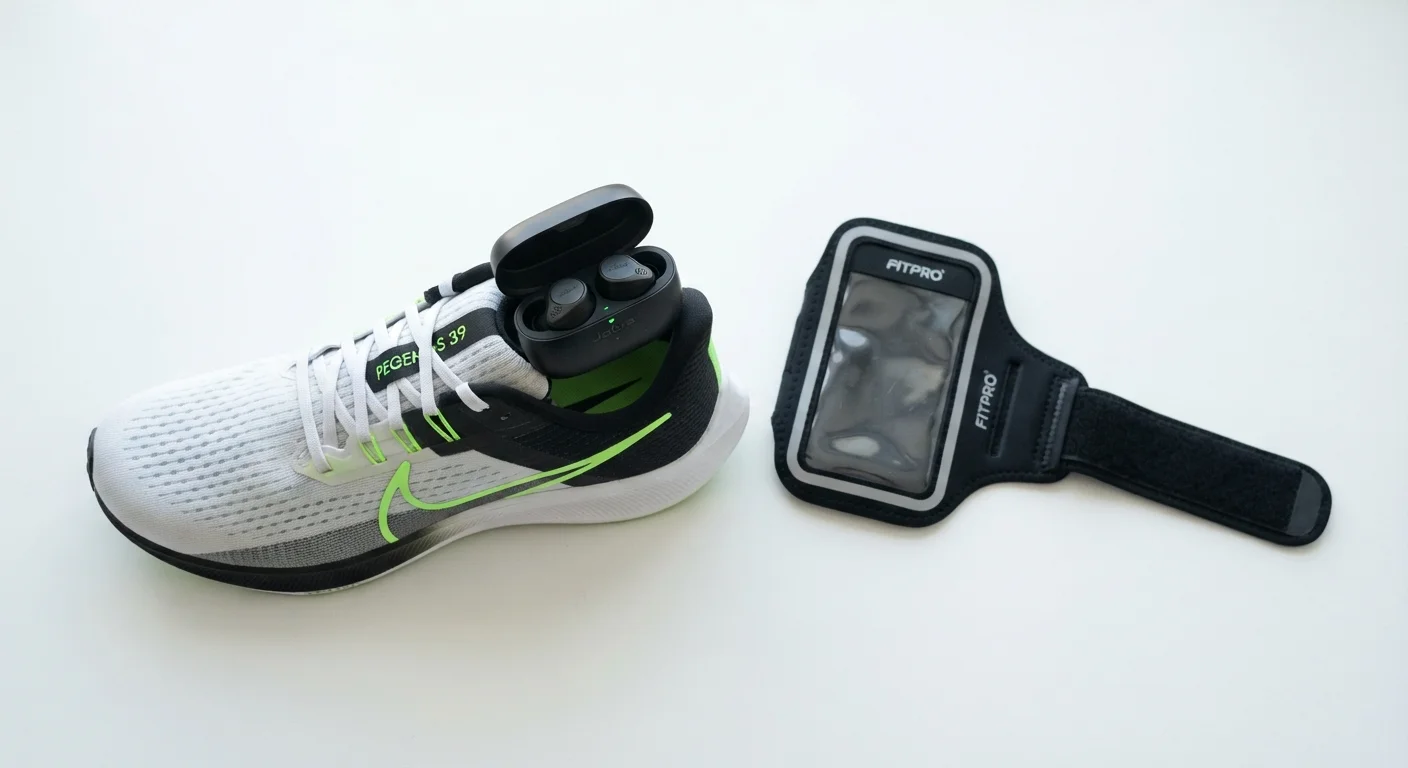 Wireless earbuds placed next to a running shoe and sports armband on white background