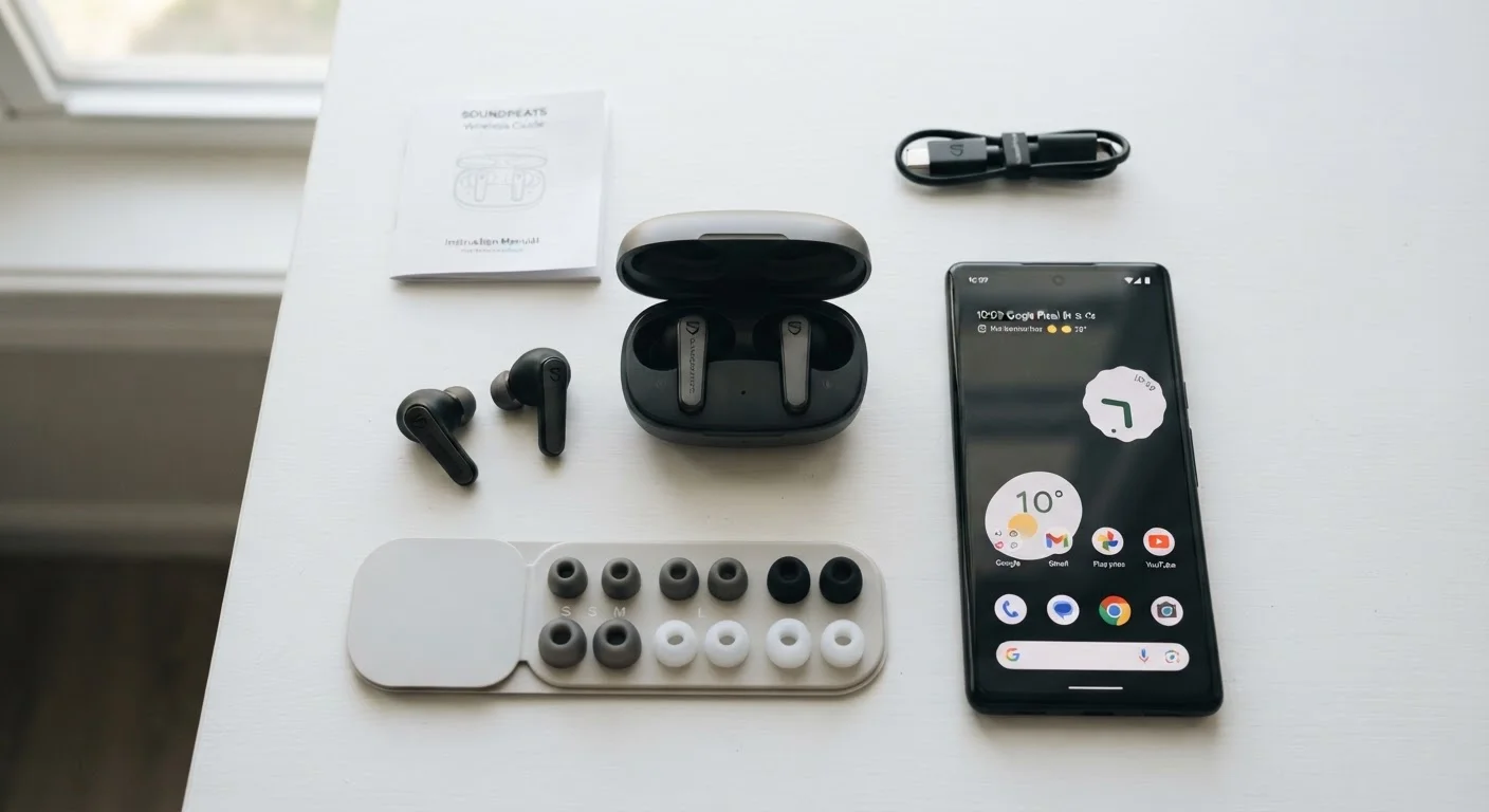 Wireless earbuds with charging case, multiple ear tip sizes, and smartphone on white surface
