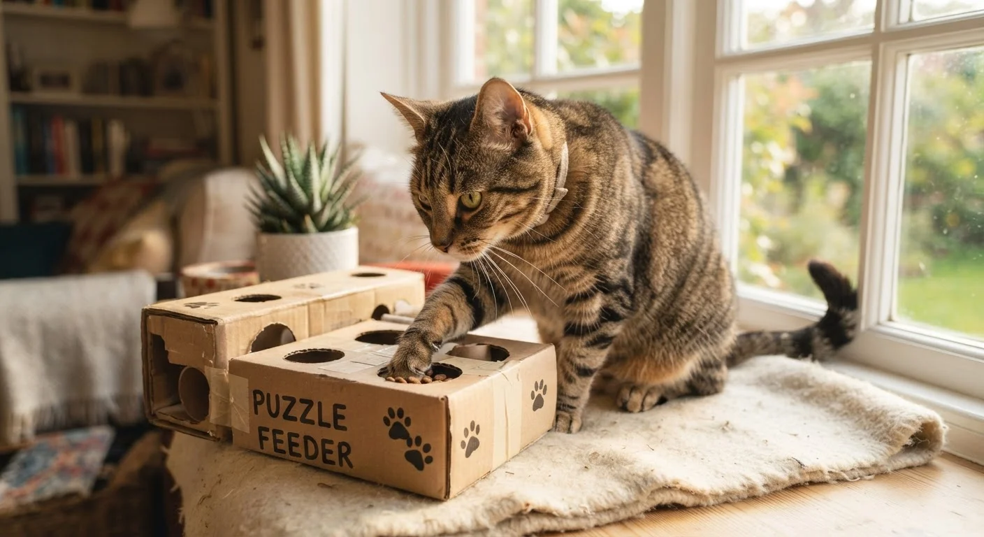 A tabby cat engaging with a puzzle feeder on a bright indoor windowsill.