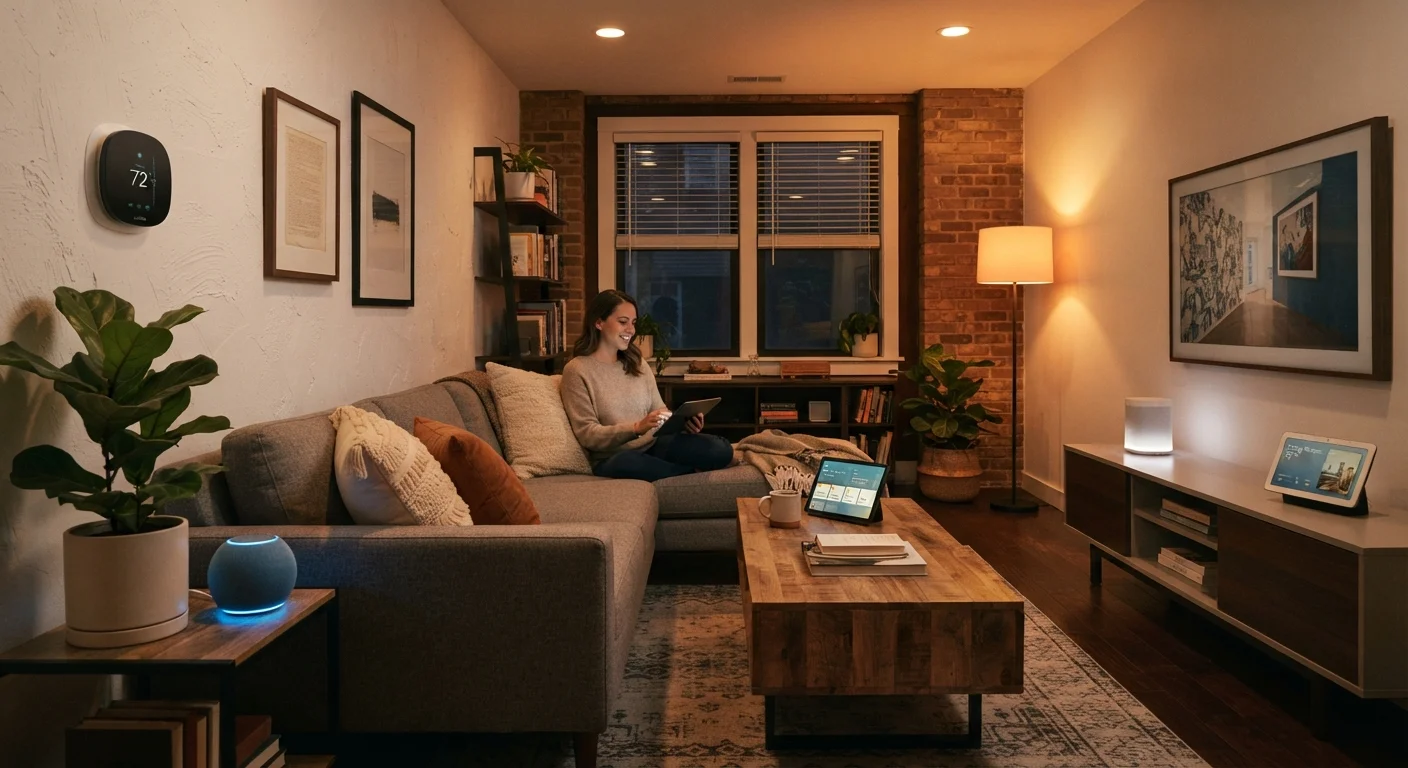 A cozy living room featuring smart home devices including a speaker, thermostat, and smart lights