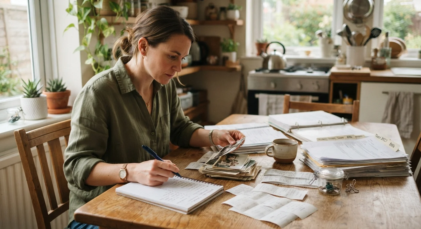 Person organizing insurance claim documents and receipts at a kitchen table.