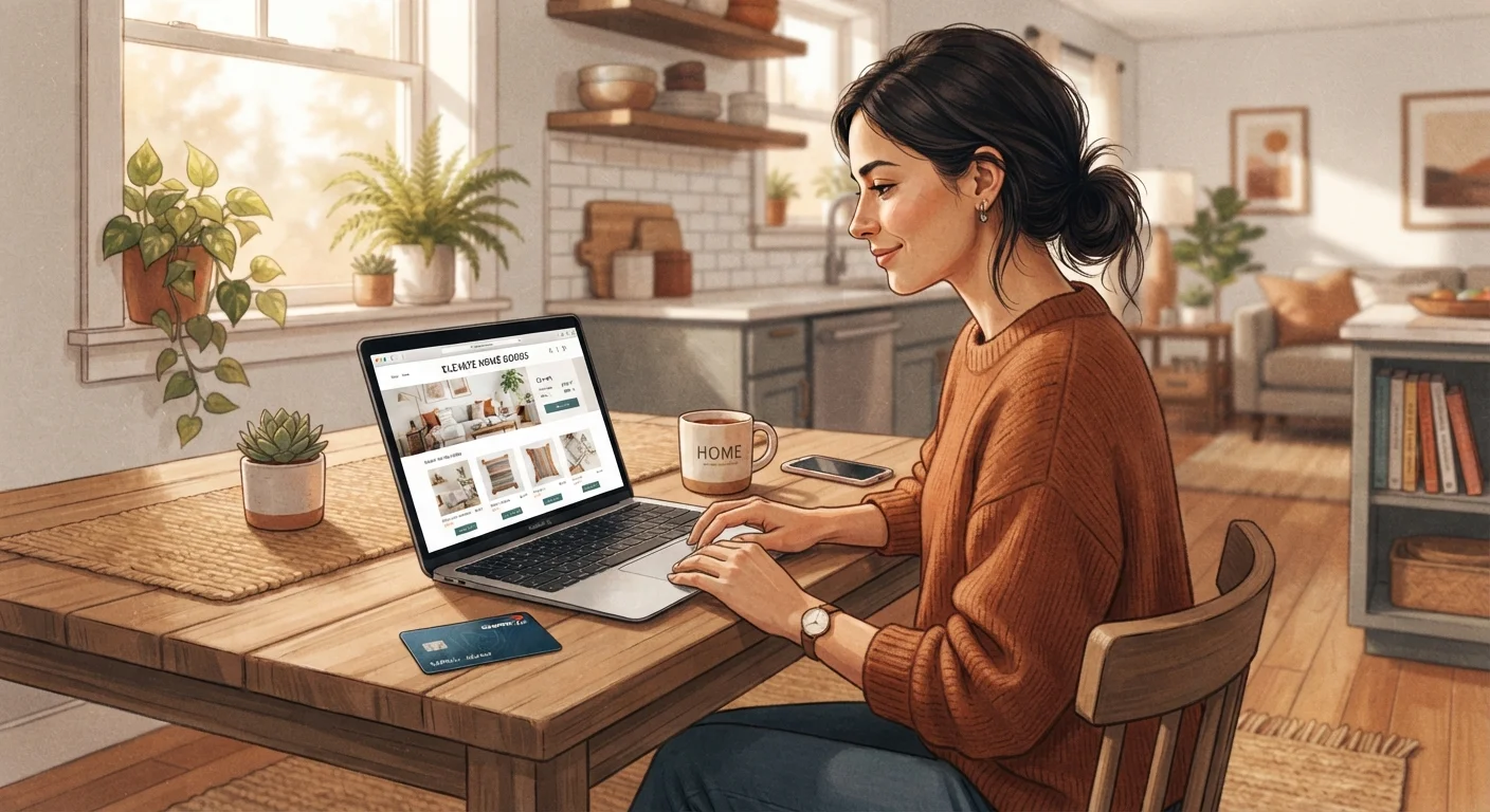 Person shopping online for the first time at a kitchen table with a laptop