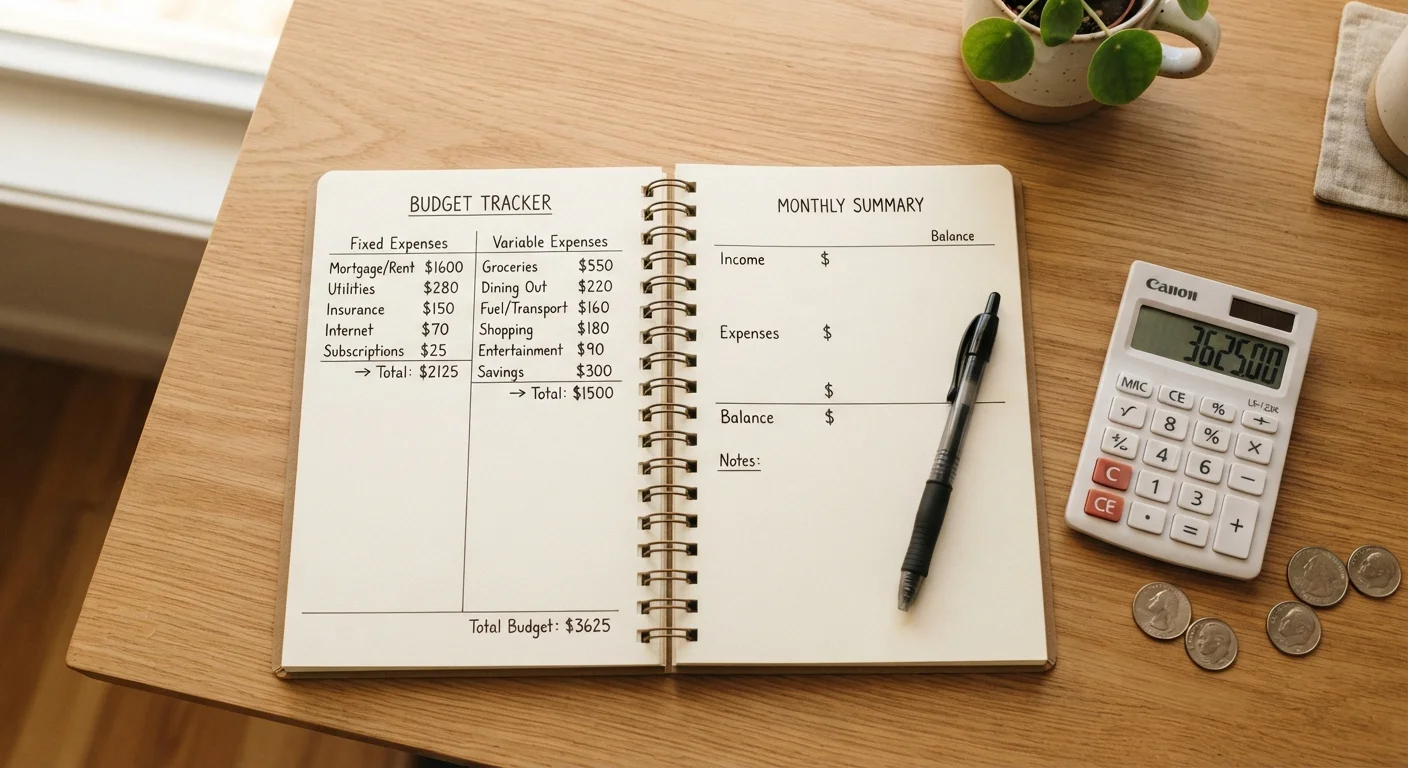 Open budget notebook on a desk showing two columns labeled Fixed and Variable expenses
