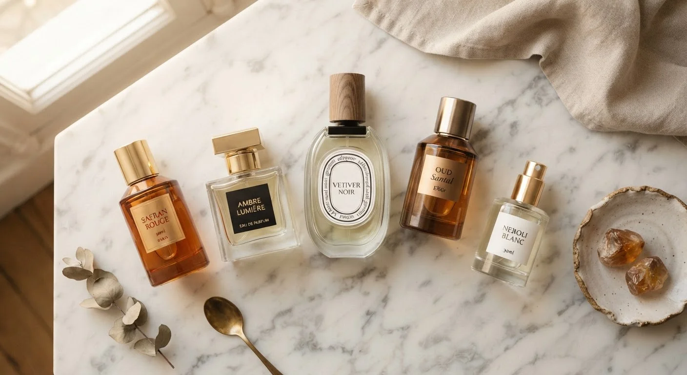 Several glass cologne and perfume bottles arranged on a white marble surface in soft natural light