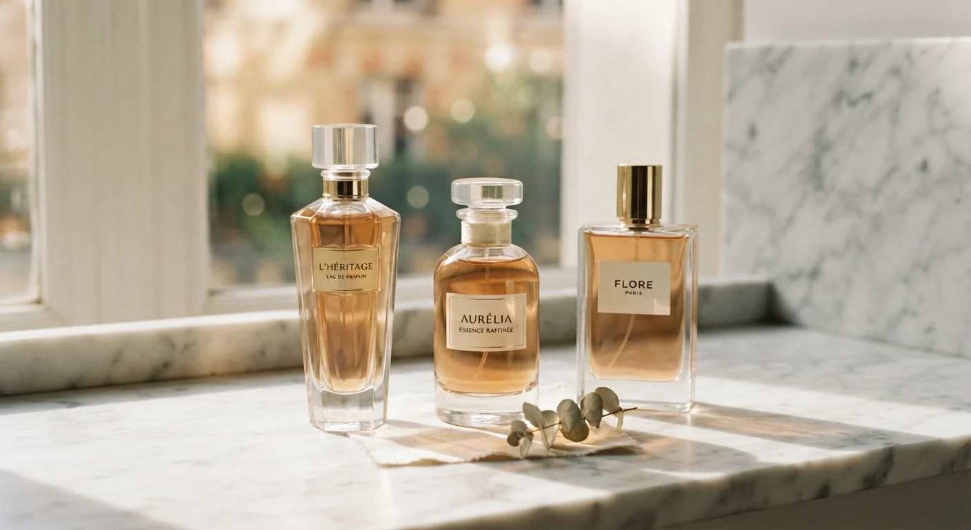 Several glass perfume and cologne bottles arranged neatly on a marble surface in soft light