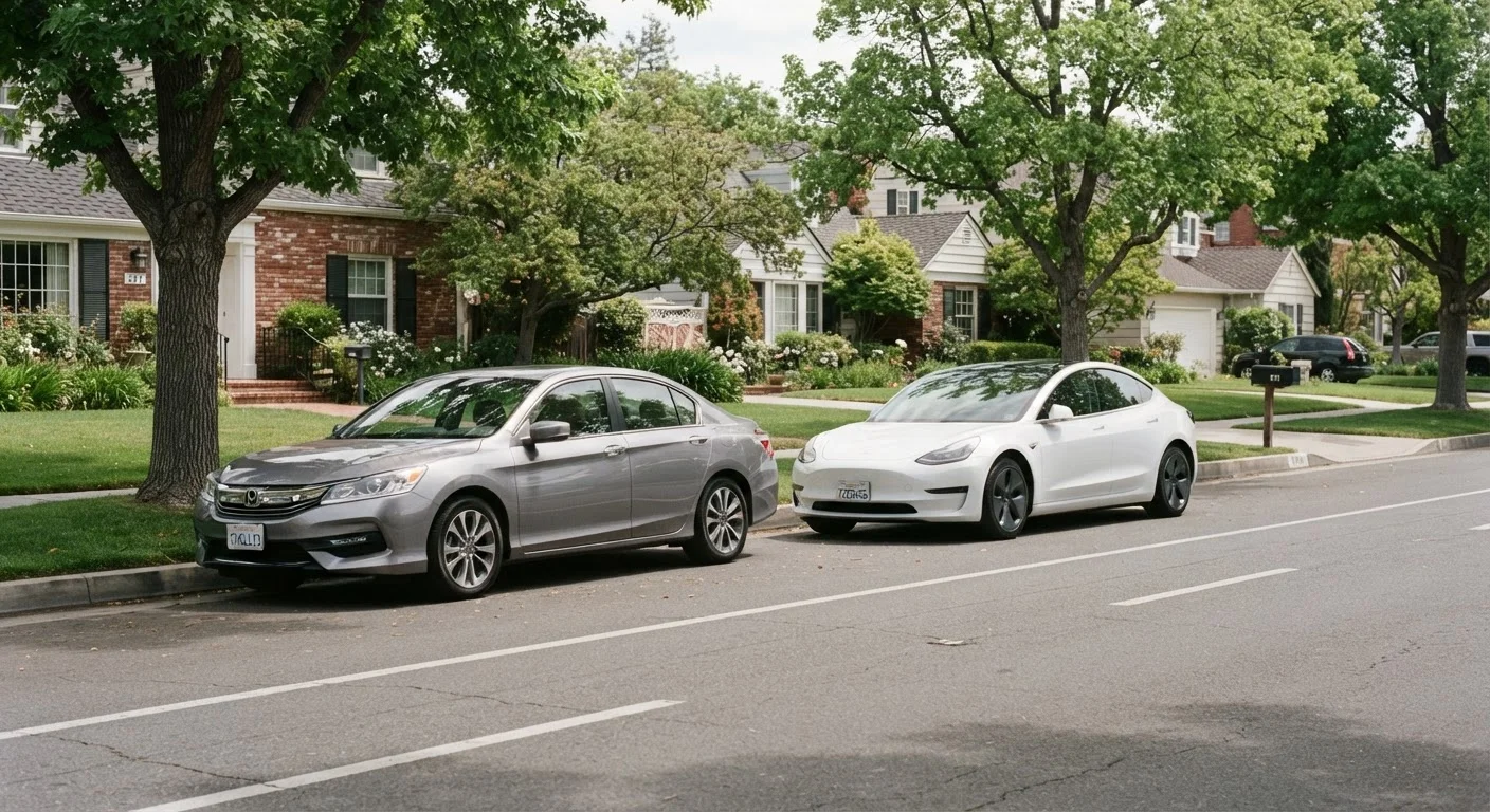 A gasoline-powered car and an electric vehicle parked side by side on a suburban American street