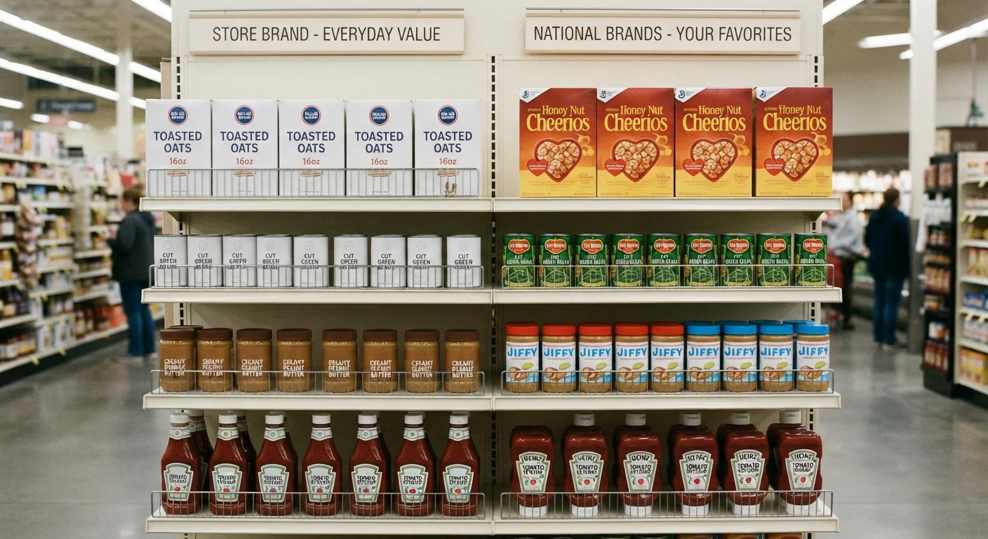 Store shelf with generic and name-brand products displayed side by side for comparison