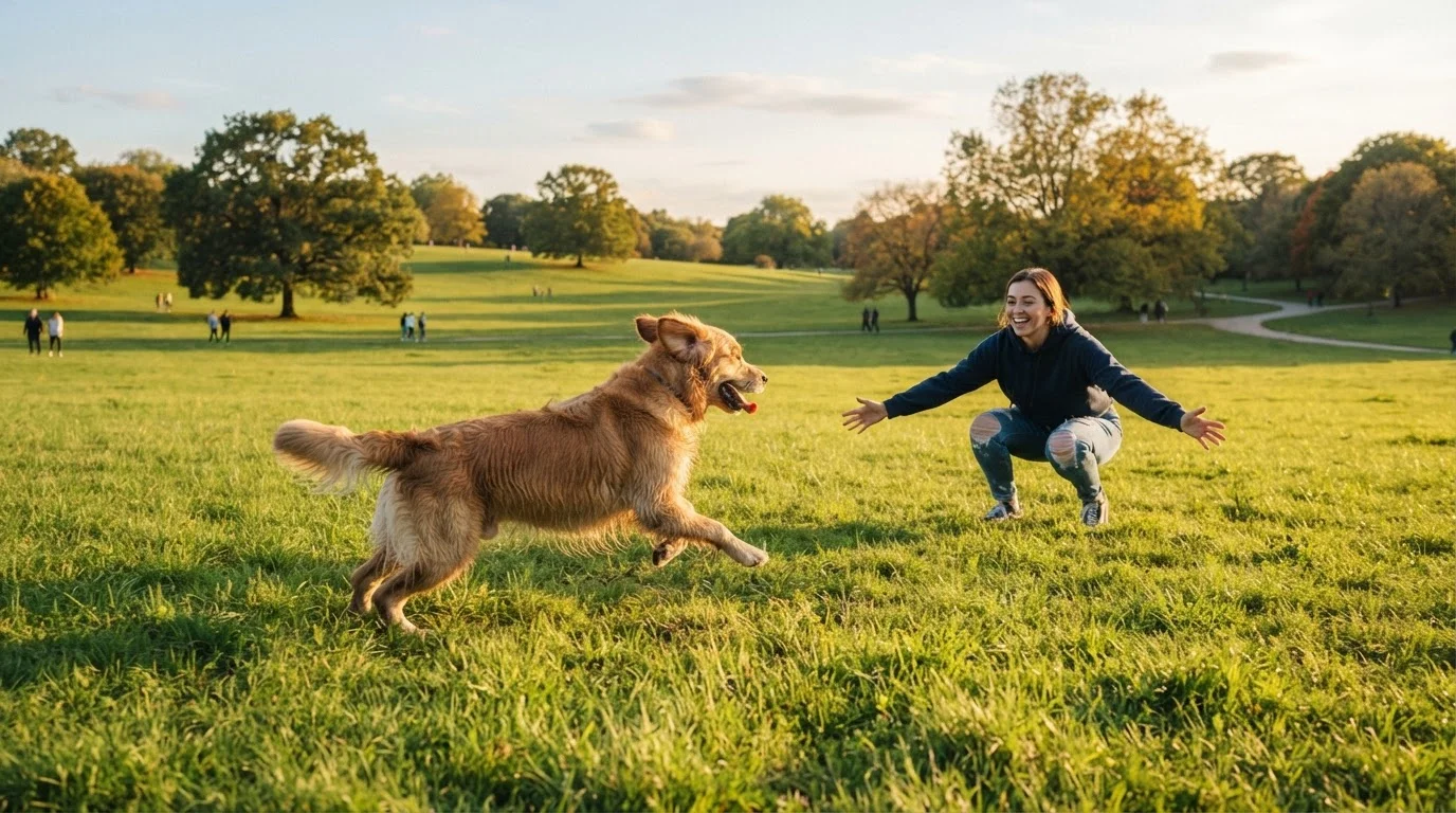 A dog running happily toward its owner in an open grassy park on a sunny day