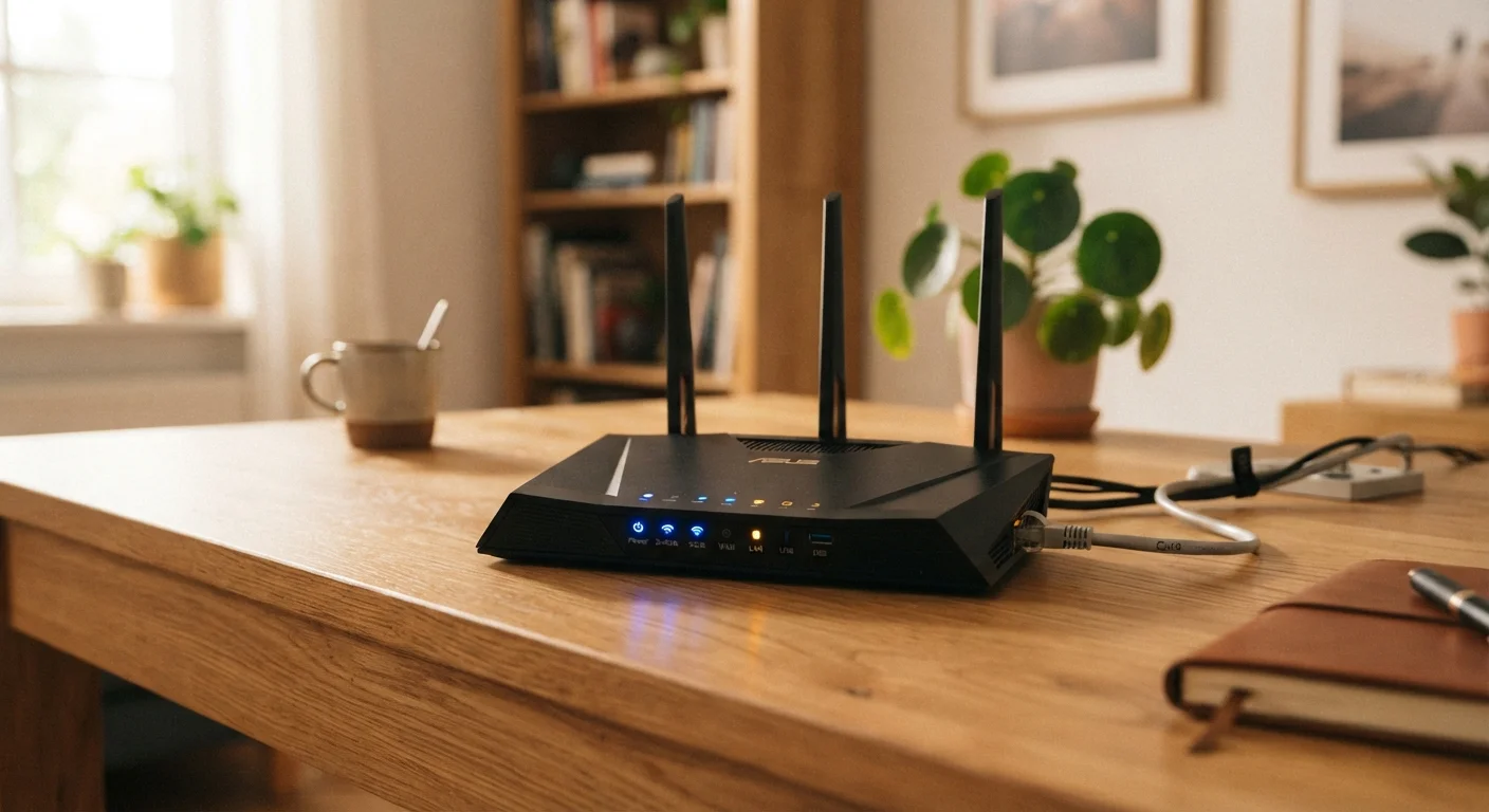 A home Wi-Fi router with indicator lights on a desk next to an ethernet cable