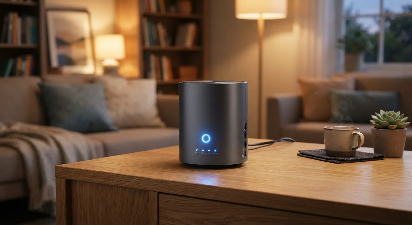 A modern home Wi-Fi router with blue indicator lights sitting on a wooden desk
