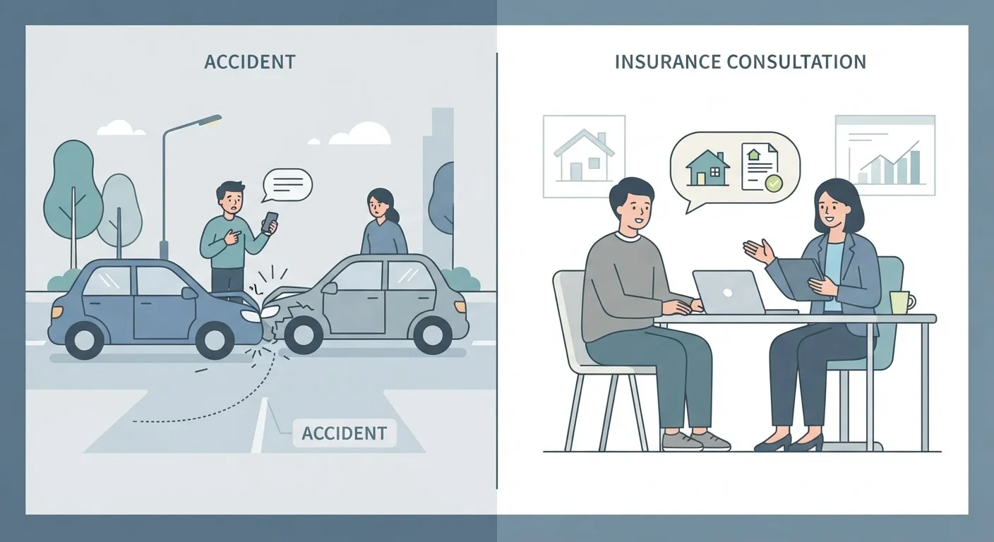 Split illustration of a car accident and a homeowner reviewing insurance documents with an agent