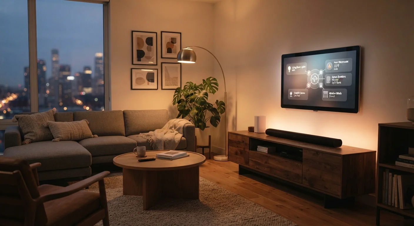 A modern living room with a glowing smart home hub display showing connected device icons