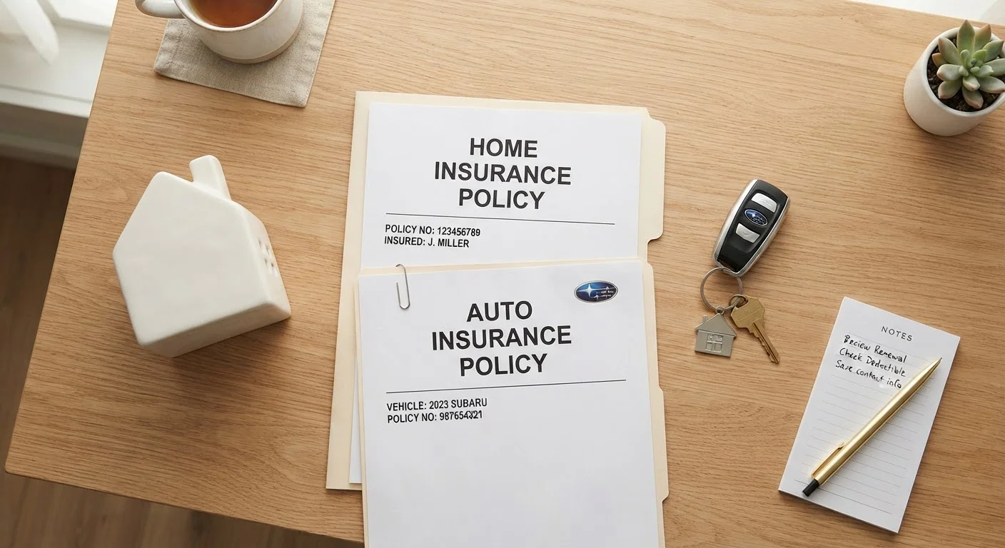 Insurance documents, pen, miniature house model, and car key arranged on a wooden desk