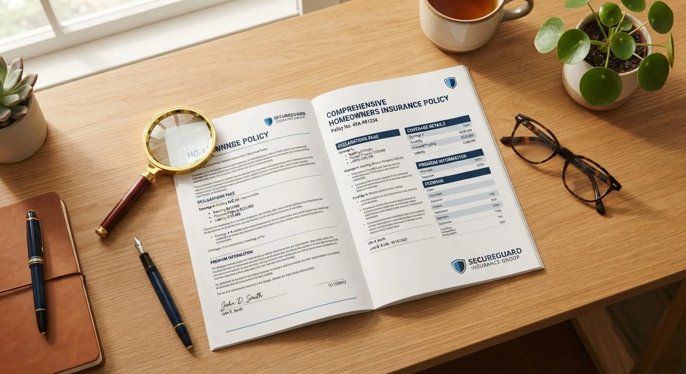Insurance policy document on a desk with a magnifying glass and pen nearby