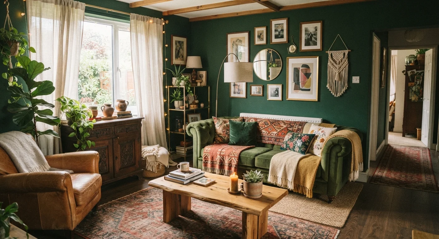 A cozy living room with mixed furniture styles, deep green walls, and layered textiles