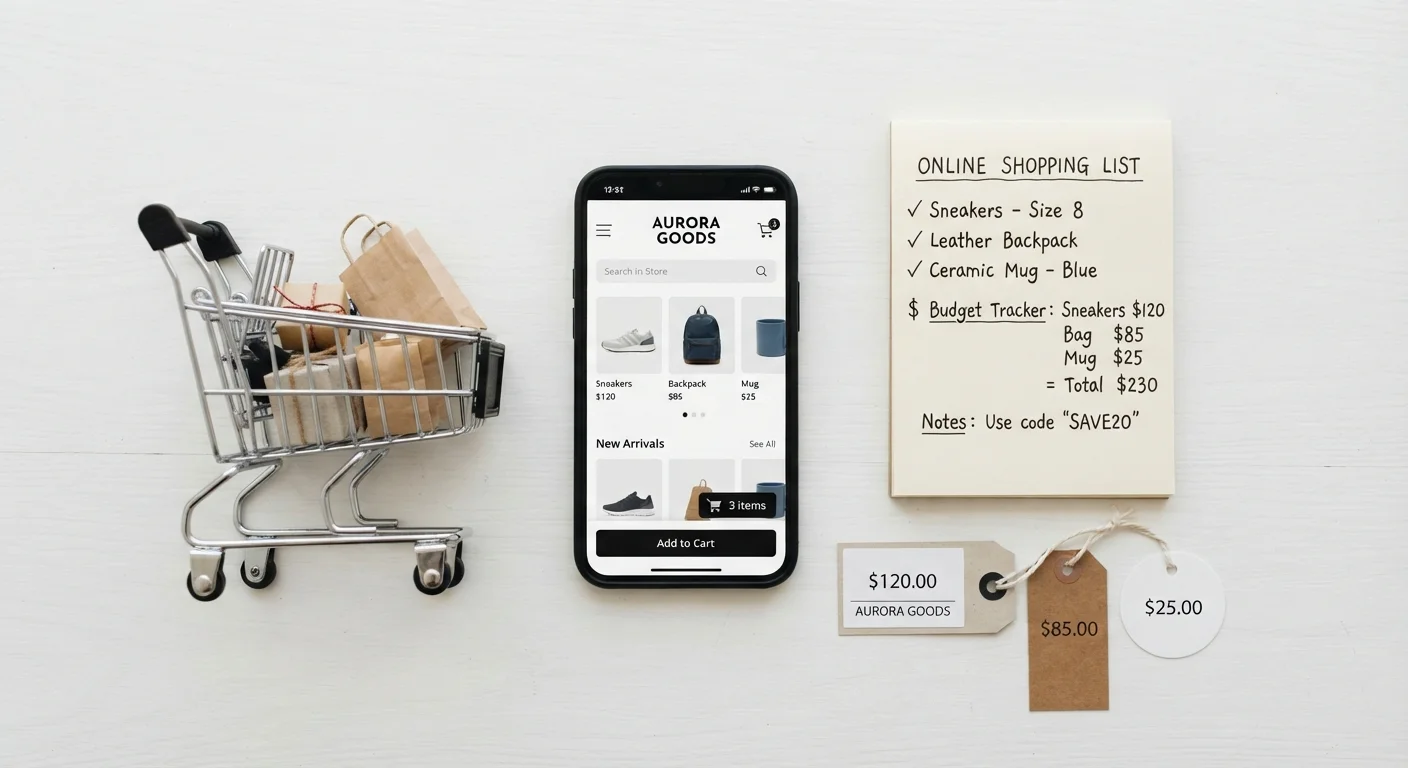 Shopping cart beside price tags, smartphone, and a notepad with consumer terms written on it