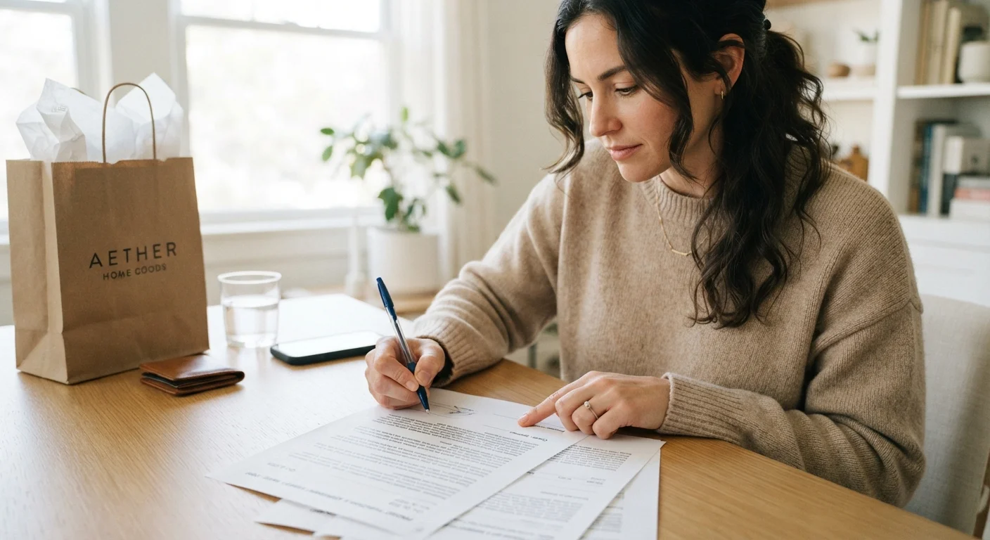 Consumer carefully reviewing a purchase agreement document before signing at a desk.