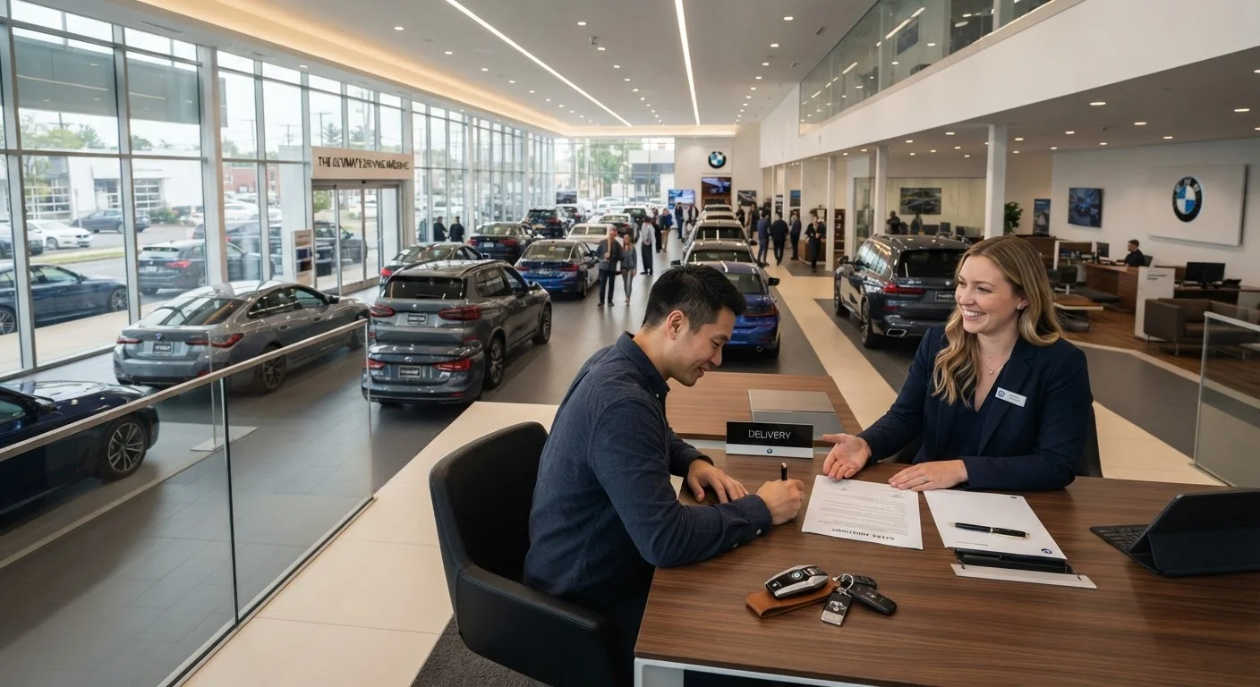 Car dealership showroom with vehicles on display and financing paperwork on a desk
