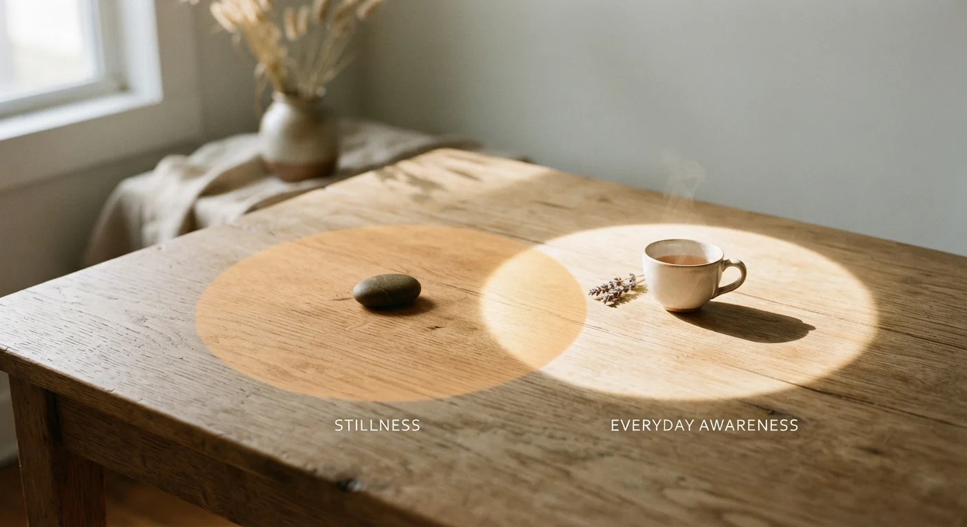 Two overlapping circles of soft light symbolizing the relationship between meditation and mindfulness