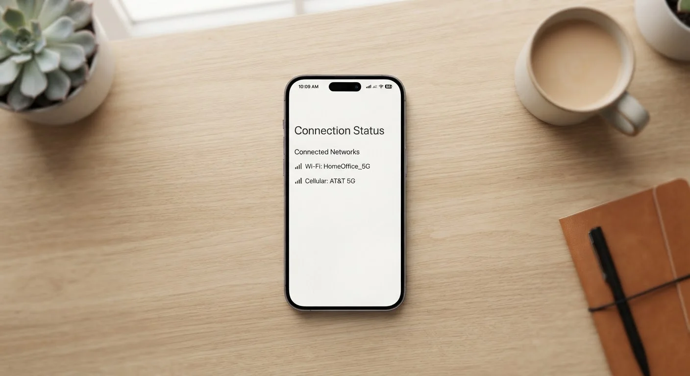 Smartphone displaying Wi-Fi and mobile data signal icons on a light desk surface