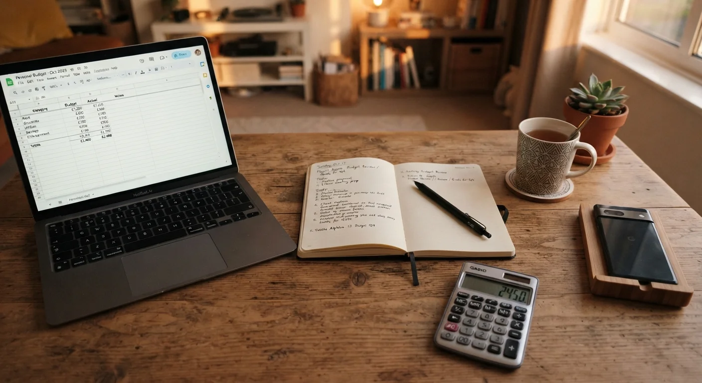 Organized desk with notebook, calculator, and laptop open to a budget spreadsheet.