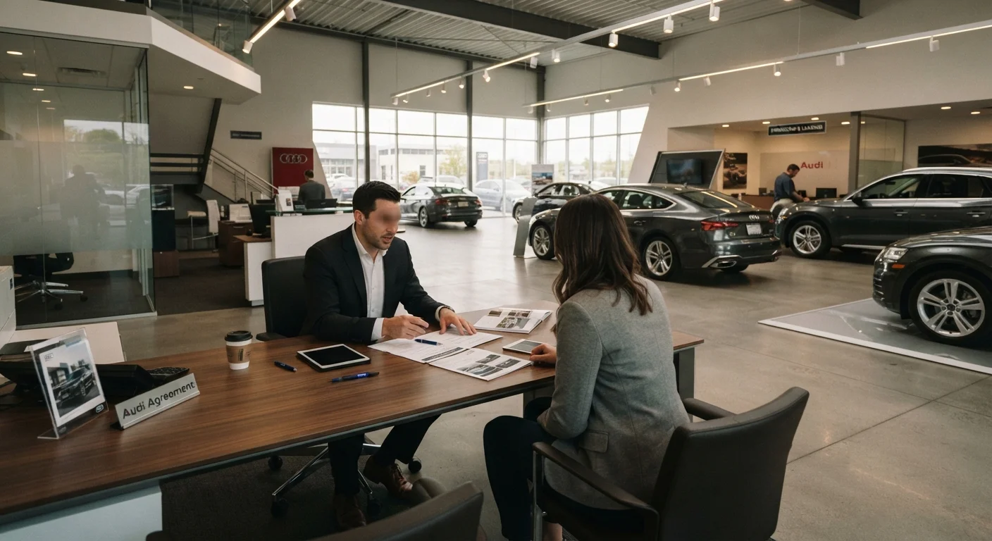 Car dealership showroom interior with paperwork spread across a sales desk