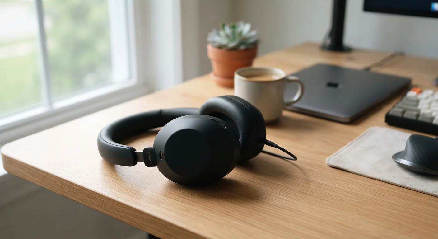 Over-ear headphones resting on a wooden desk in a softly lit home office