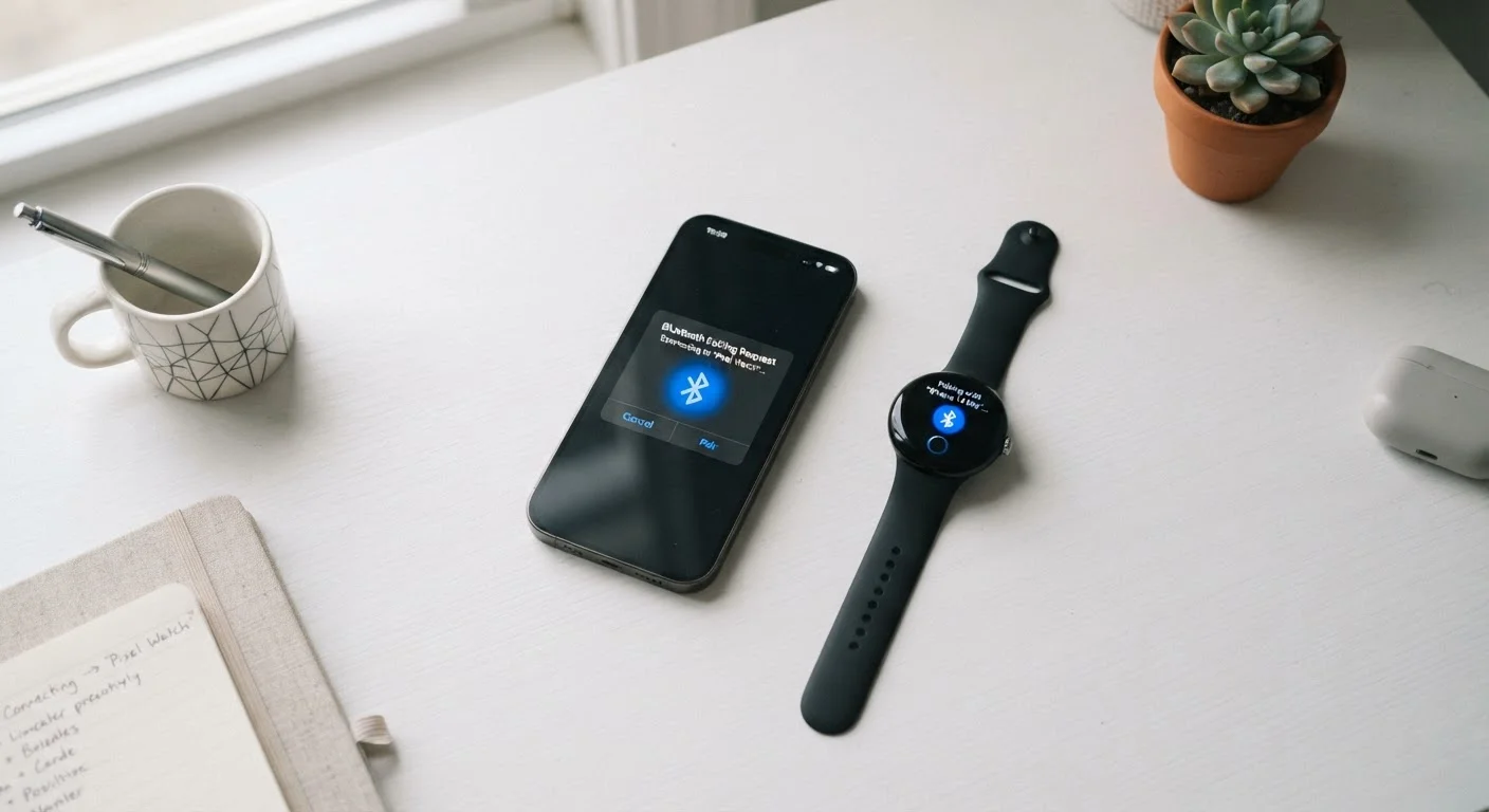 A smartwatch and smartphone side by side on a desk during Bluetooth pairing setup.