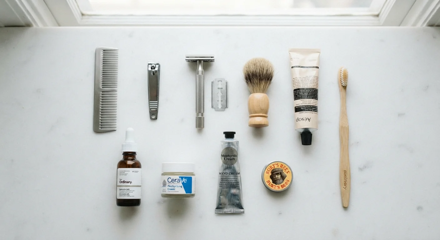 Neatly arranged personal grooming tools including comb, razor, and nail clippers on white background