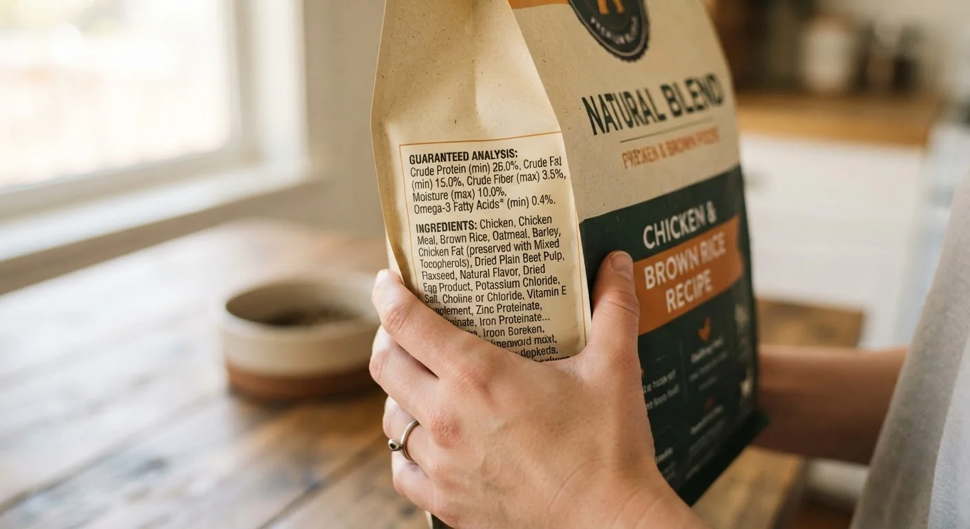 Hand holding pet food bag showing detailed nutrition label and ingredient list