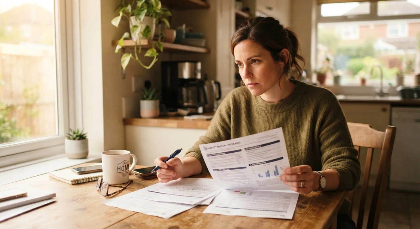 Person carefully reviewing insurance policy documents at a home kitchen table